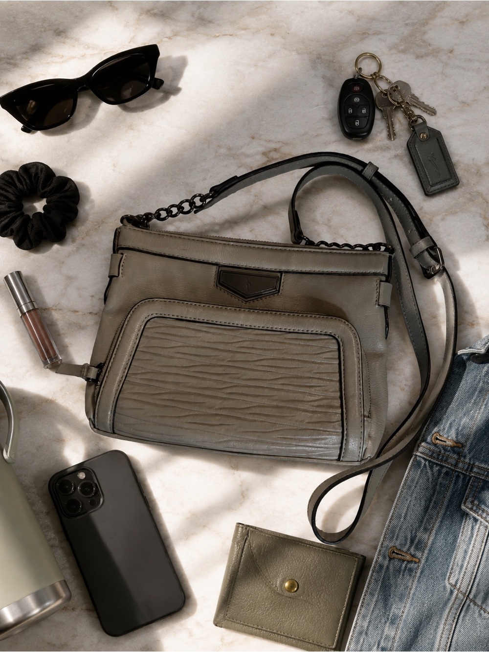 Simply Vera Olive Gray Crossbody Bag | Gunmetal Hardware | Multi Pocket